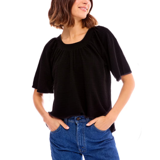 Bobeau Women's Flutter Sleeve Relaxed Fit Textured Top Blouse