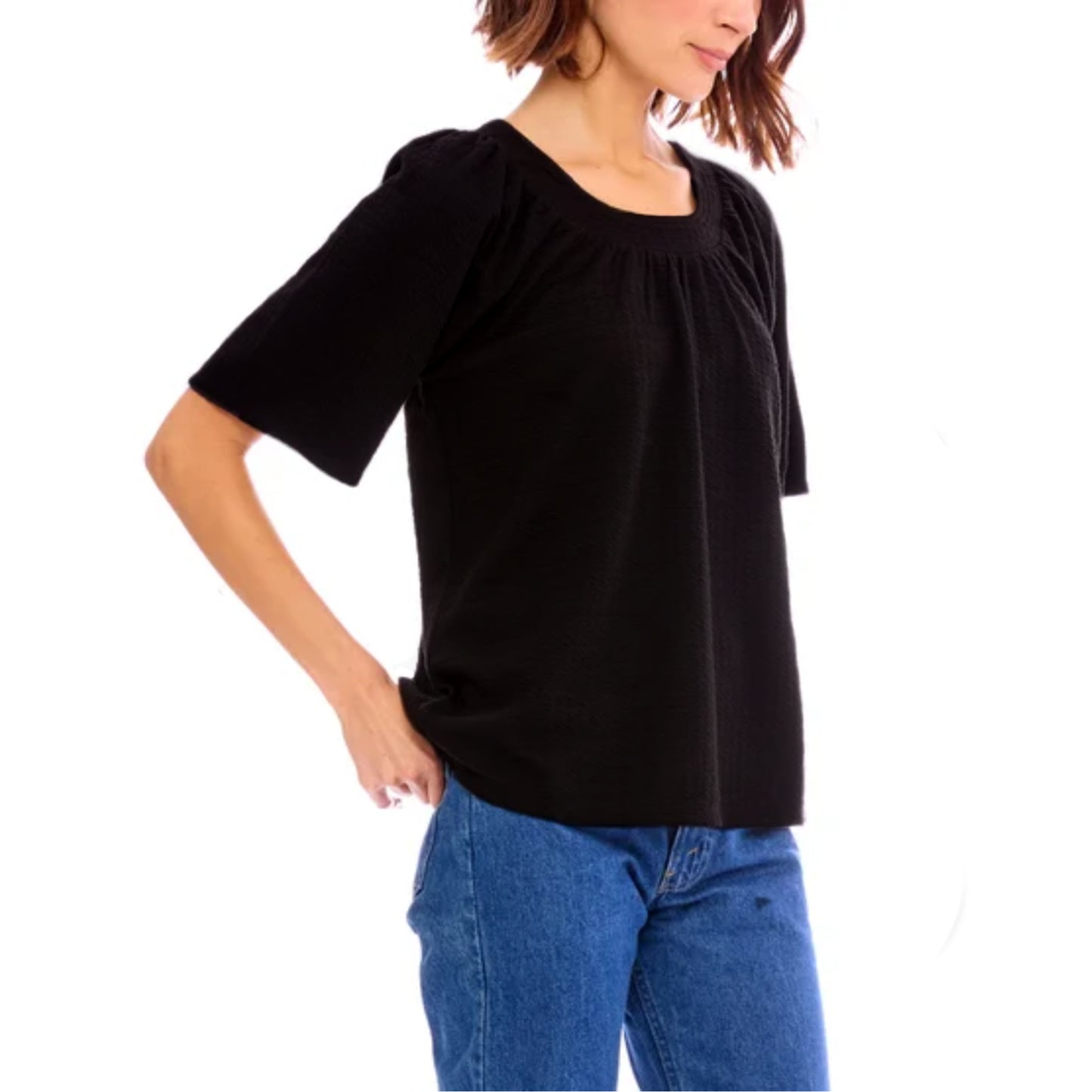 Bobeau Women's Flutter Sleeve Relaxed Fit Textured Top Blouse