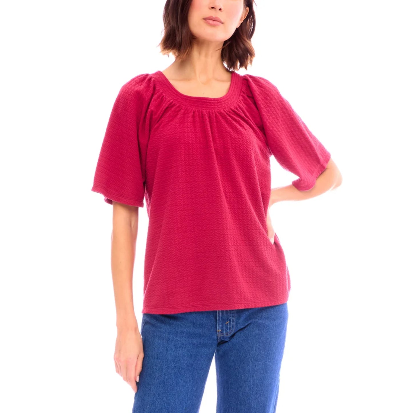 Bobeau Women's Flutter Sleeve Relaxed Fit Textured Top Blouse