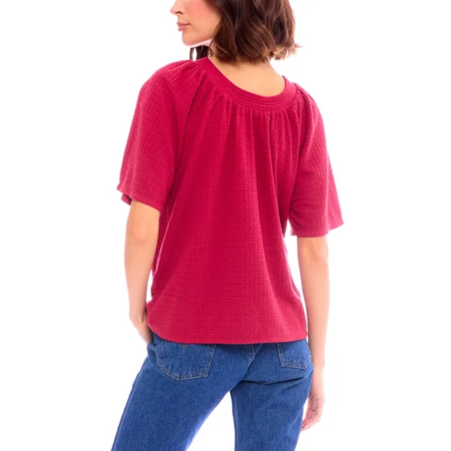 Bobeau Women's Flutter Sleeve Relaxed Fit Textured Top Blouse