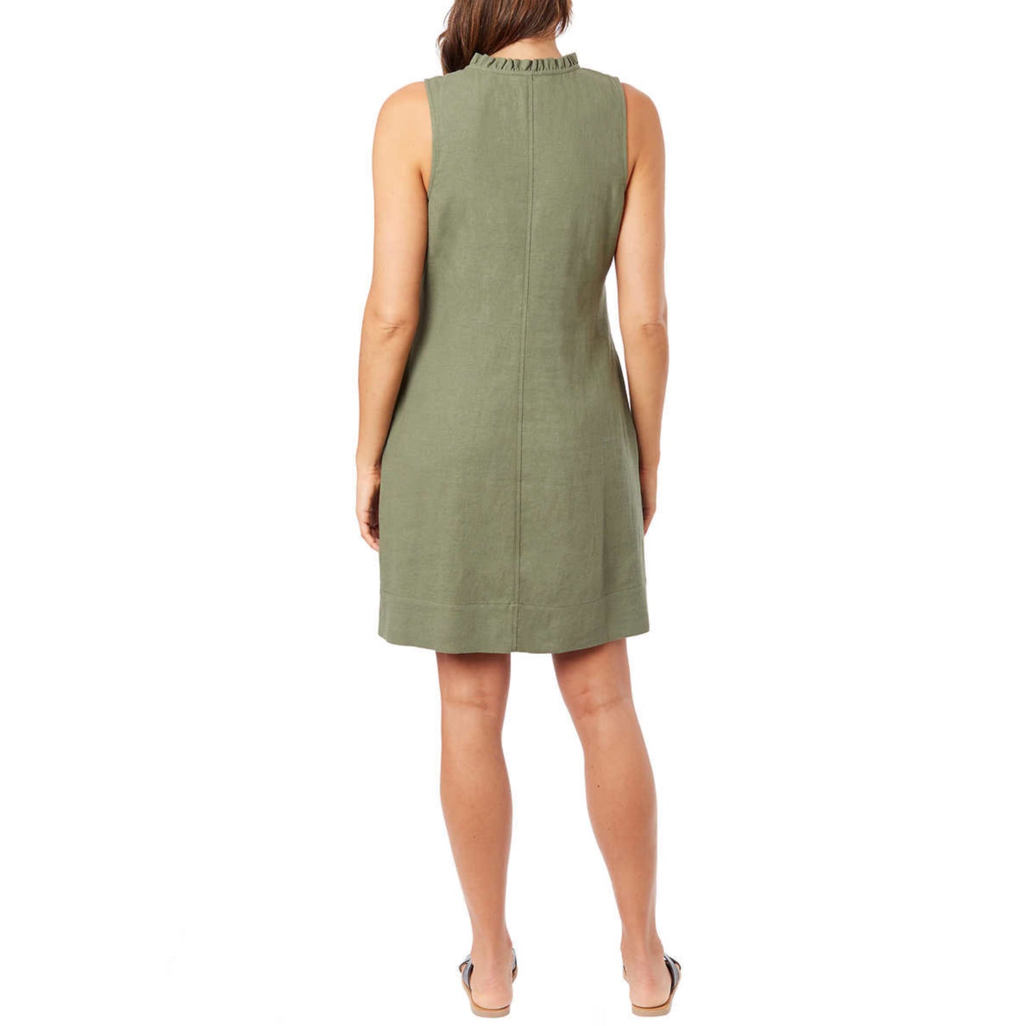 Briggs Women's Ruffle Trim V-Neck Linen Blend Side Pockets Mini Dress