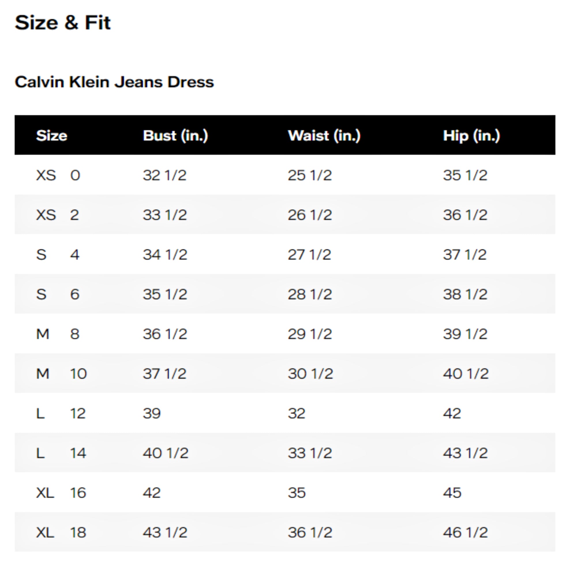 Calvin klein size shops chart