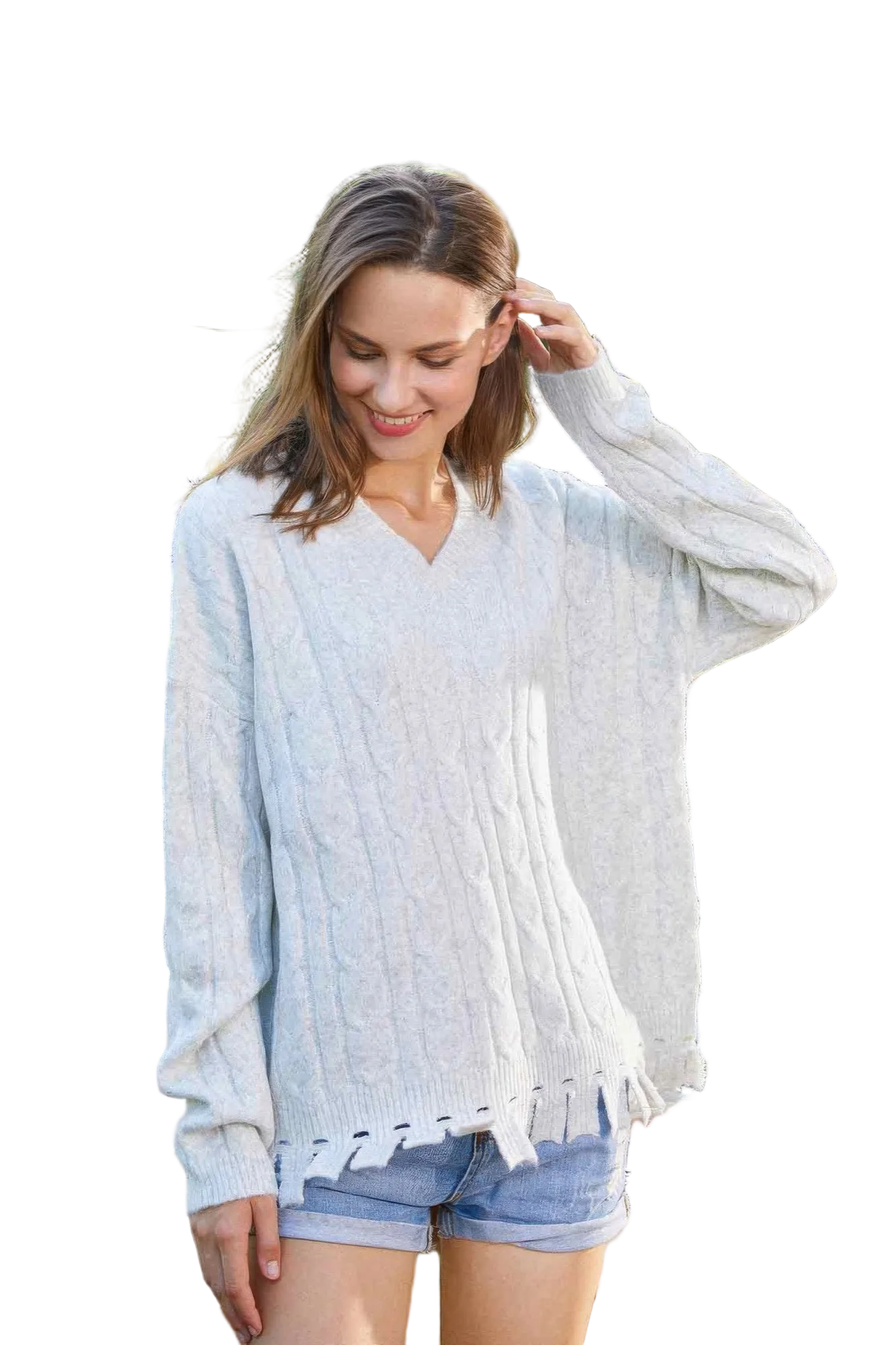 Women's Cozy Plush Texture V-Neck Long Sleeve Side Slits Solid Color Sweater