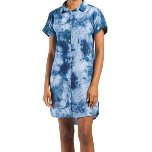 Cynthia Rowley Women's Linen Hi-low Hem Short Sleeve Tie Dye Print Mini Shirt Dress