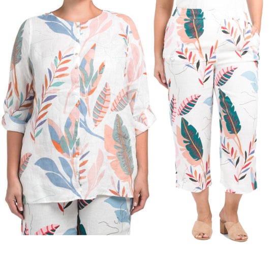 Cynthia Rowley Plus Linen Tropical Floral Print Button Front Tunic Top and Pants Collection