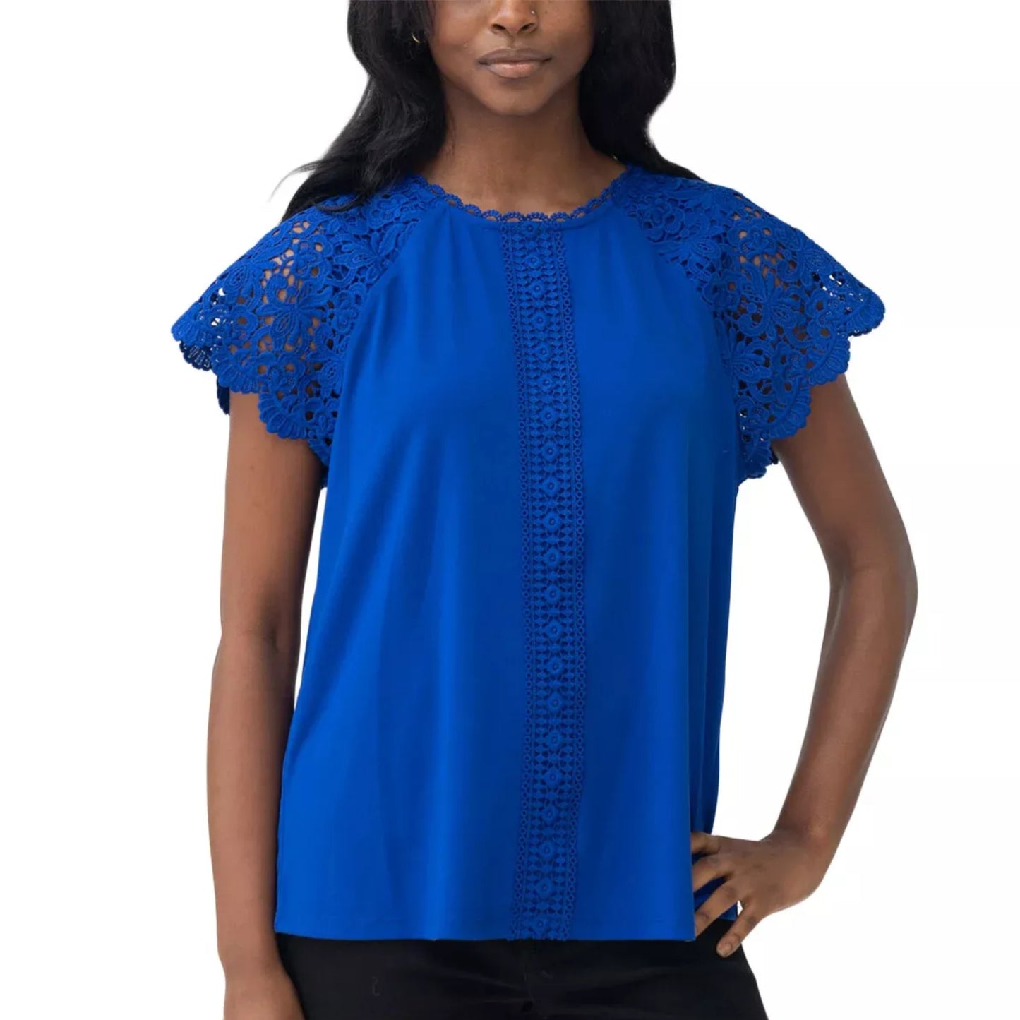 Cable & Gauge Women's Lace Trim Flutter Sleeves Top Blouse