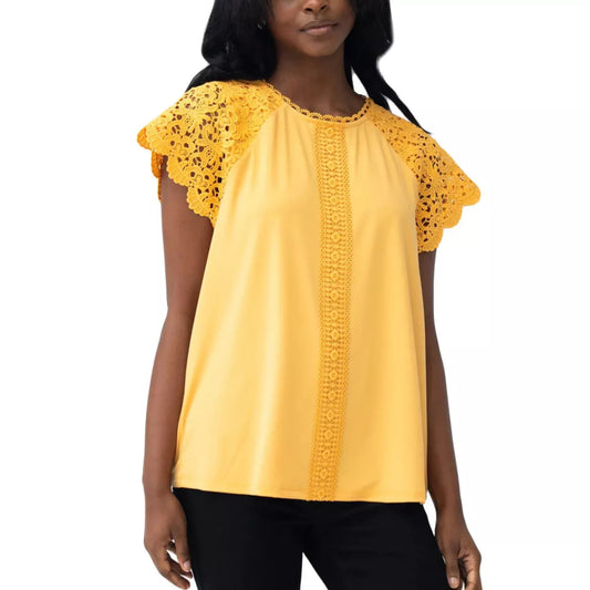 Cable & Gauge Women's Lace Trim Flutter Sleeves Top Blouse (Copy)