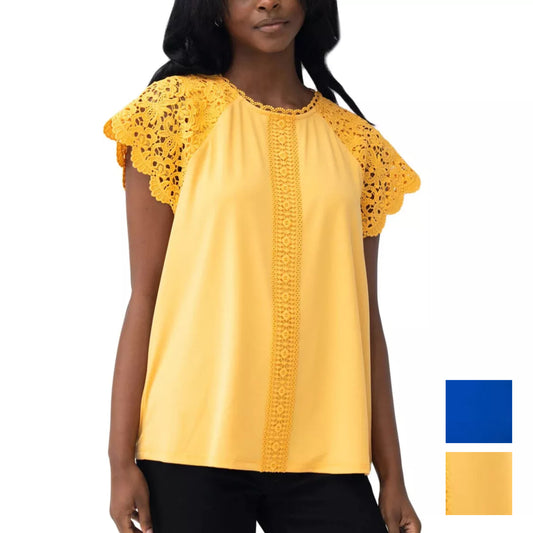 Cable & Gauge Women's Lace Trim Flutter Sleeves Top Blouse