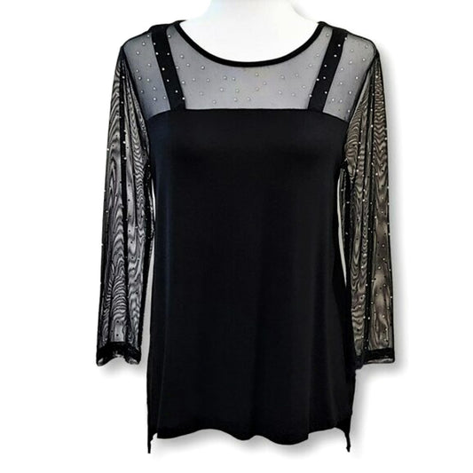 Cable & Gauge Women's Mesh Yoke Rhinestone Hi-low Hem Blouse Top
