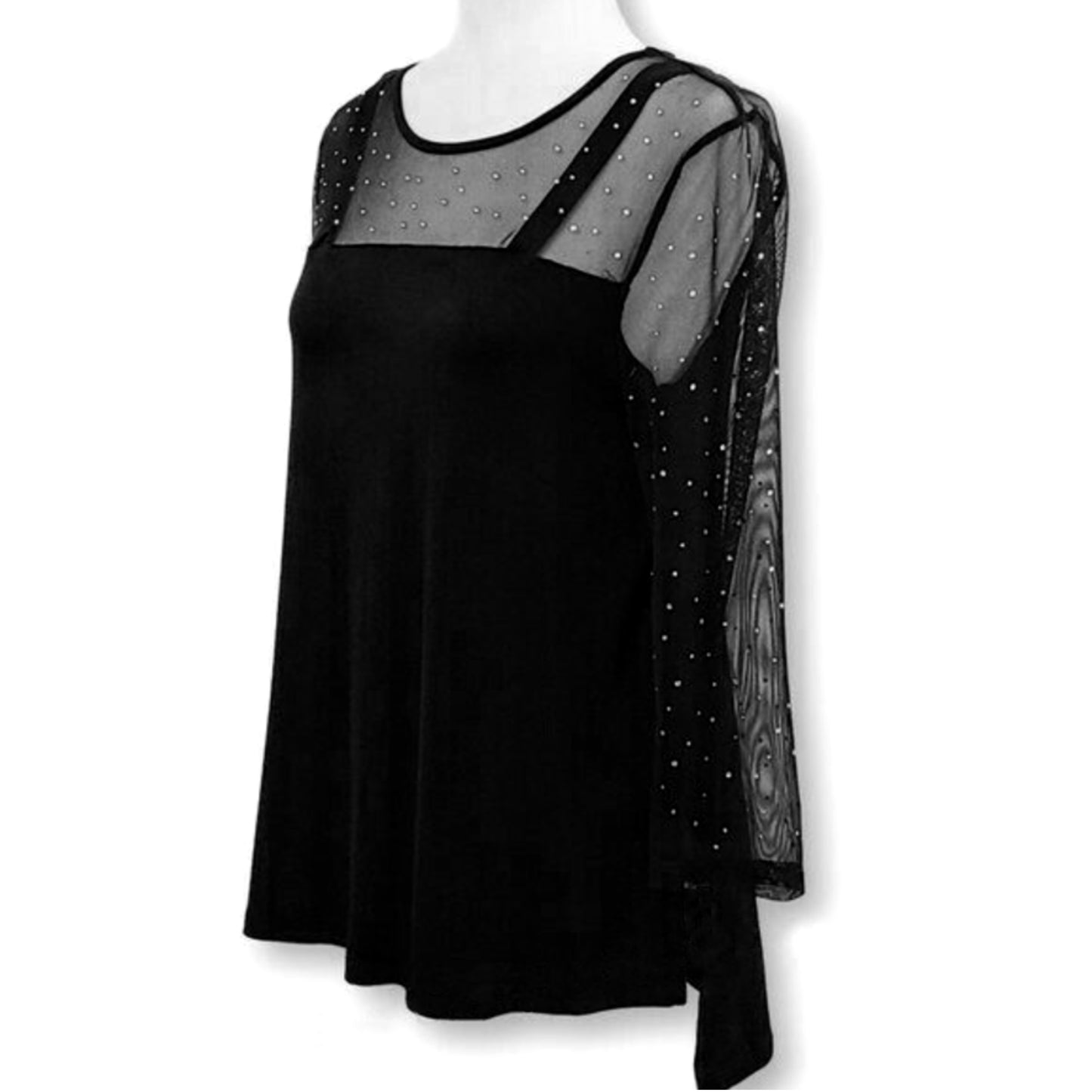 Cable & Gauge Women's Mesh Yoke Rhinestone Hi-low Hem Blouse Top