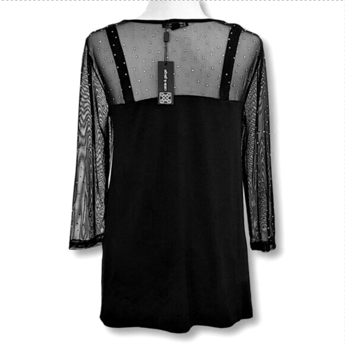 Cable & Gauge Women's Mesh Yoke Rhinestone Hi-low Hem Blouse Top