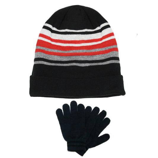 Capelli NY Big Boys 2-Pc Striped Fleece Lined Winter  Hat and Gloves Set