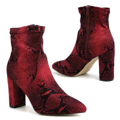 Catherine Malandrino Women's Bodem Faux Suede Block Heel Snake Print Stretch Bootie