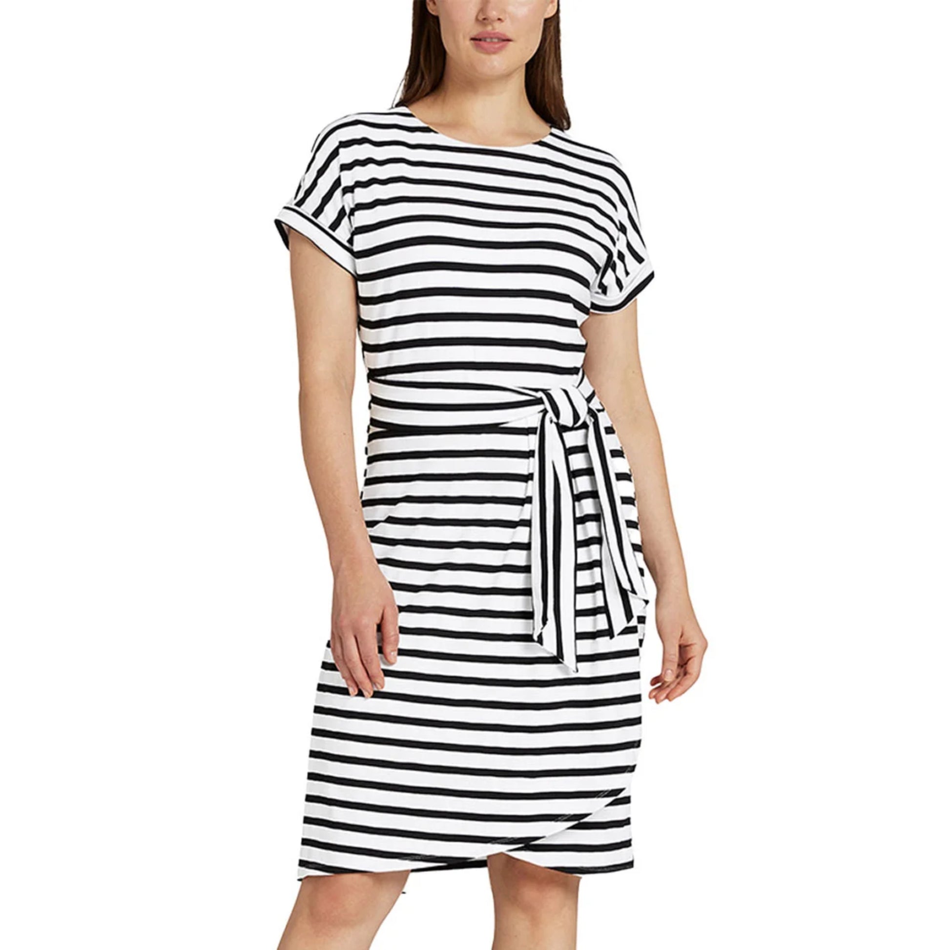 belted t shirt dress Chaps Ladies' Crewneck Knit Dress, Black White Stripe Large, Women's