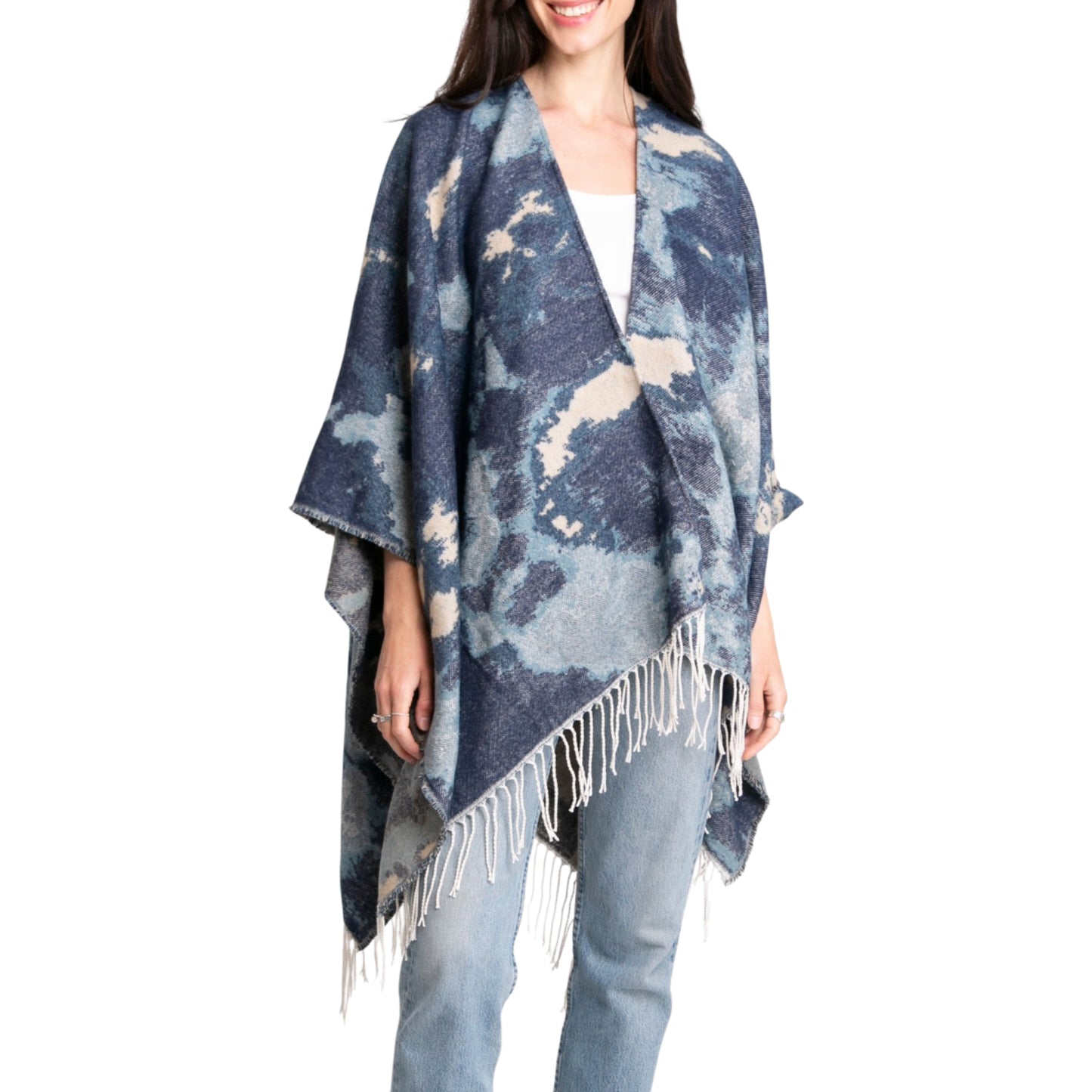 Comfyluxe Women's Soft Cozy Wrap Abstract Print Fringe Trim Ruana Poncho Shawl