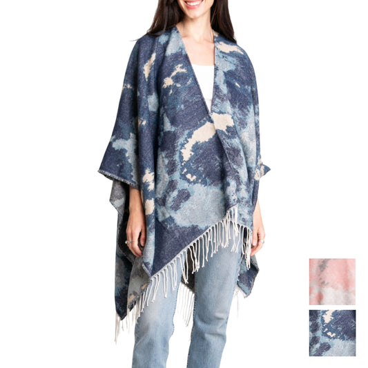 Comfyluxe Women's Soft Cozy Wrap Abstract Print Fringe Trim Ruana Poncho Shawl