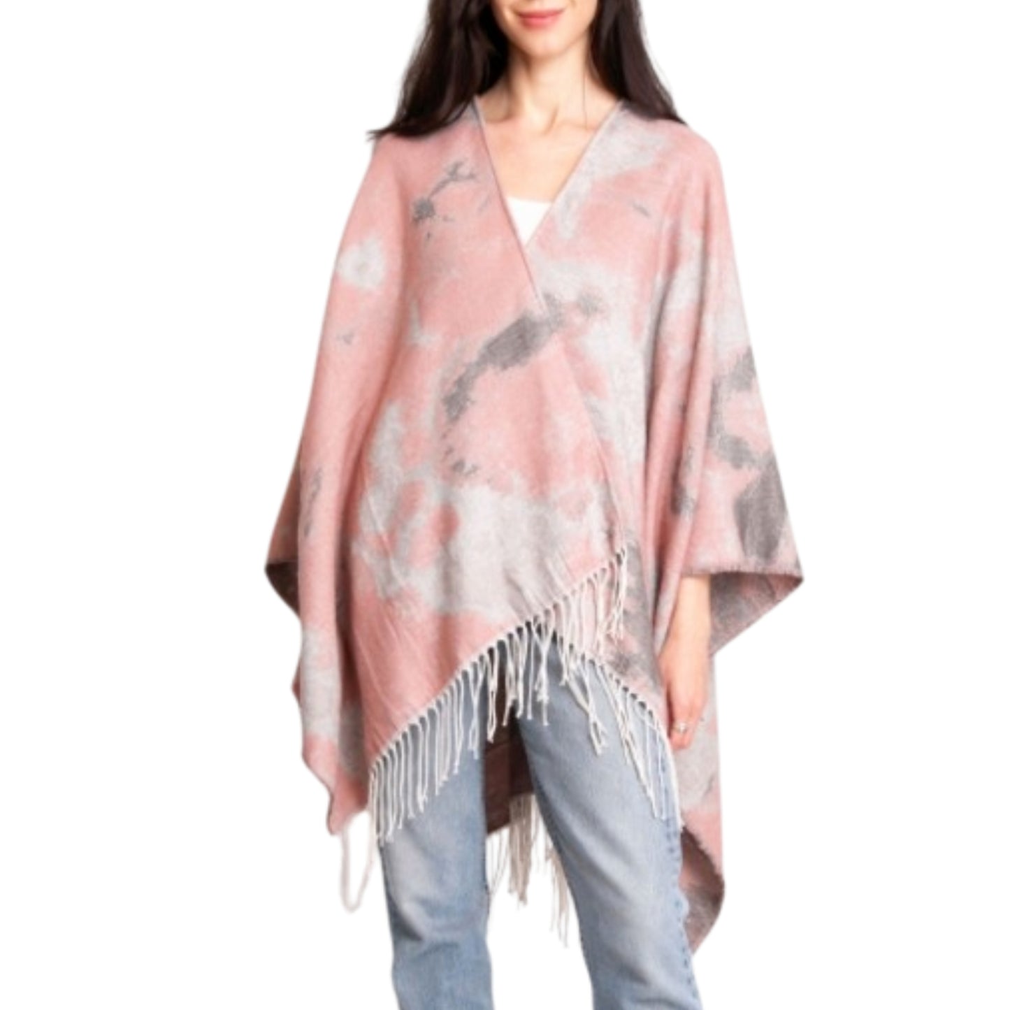 Comfyluxe Women's Soft Cozy Wrap Abstract Print Fringe Trim Ruana Poncho Shawl