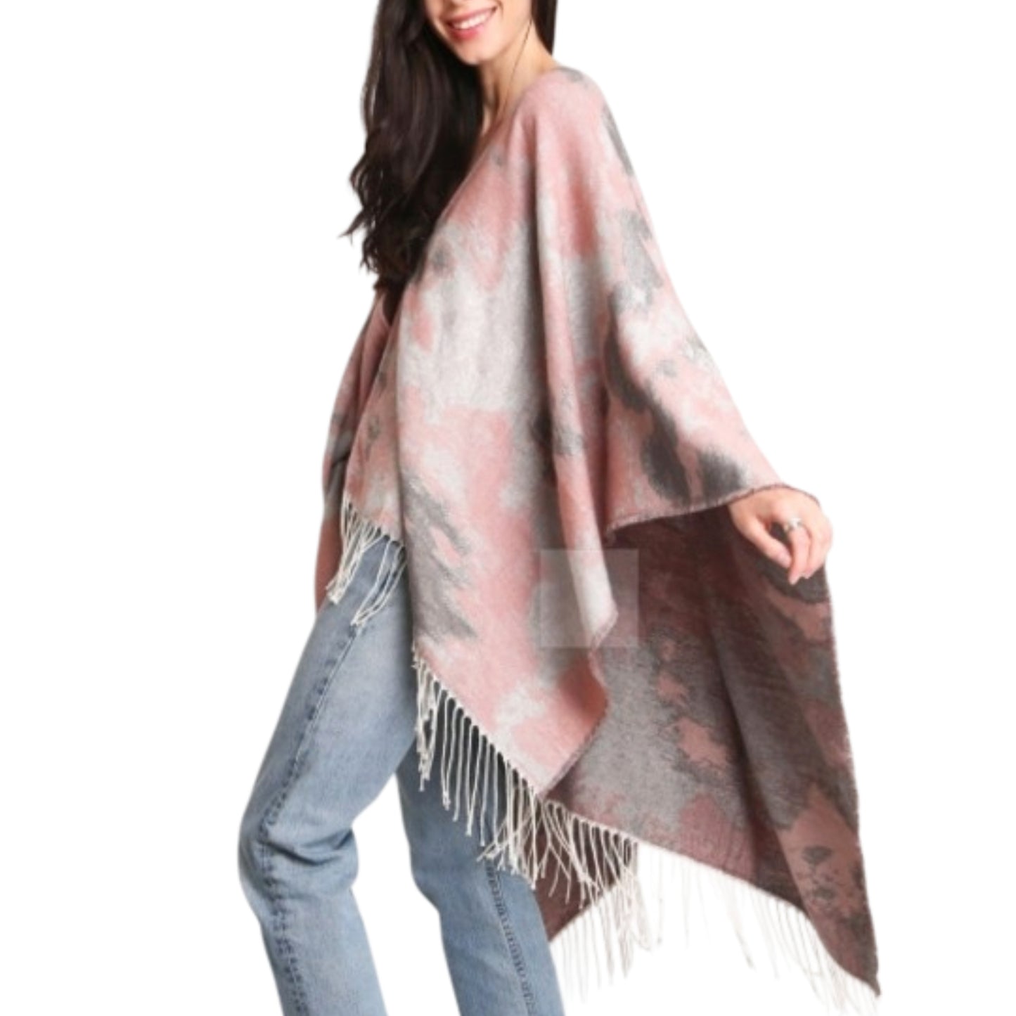 Comfyluxe Women's Soft Cozy Wrap Abstract Print Fringe Trim Ruana Poncho Shawl