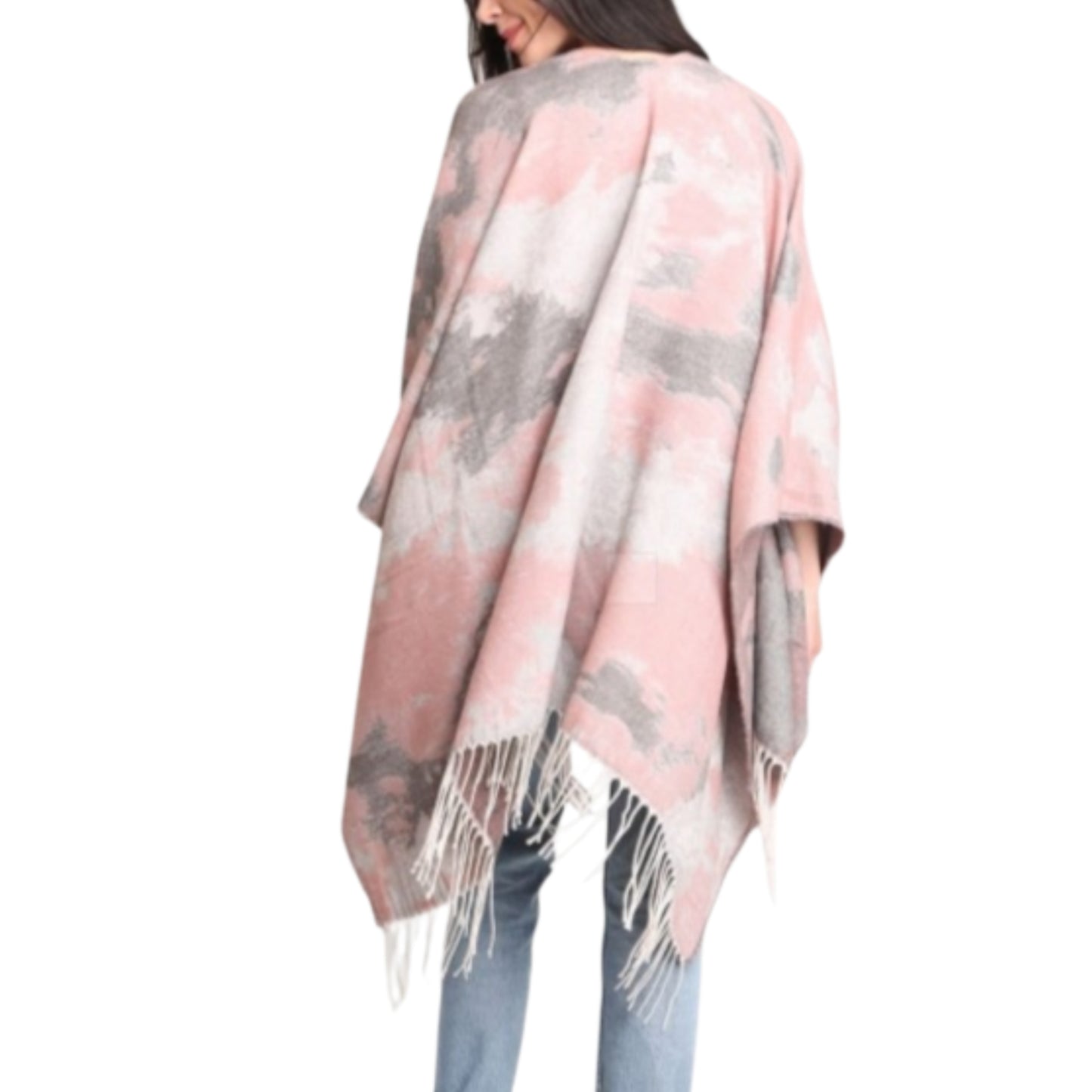 Comfyluxe Women's Soft Cozy Wrap Abstract Print Fringe Trim Ruana Poncho Shawl