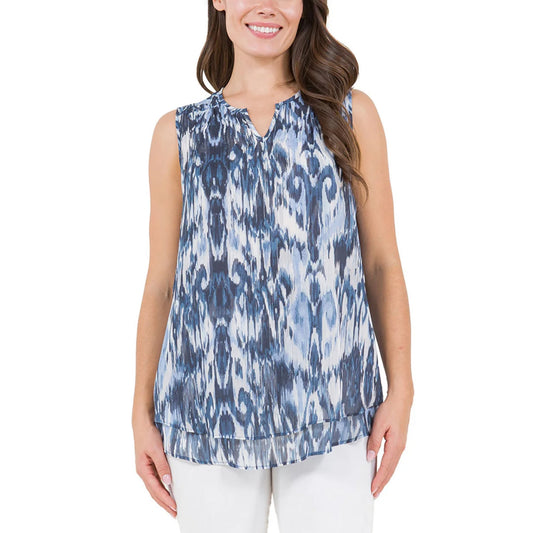 Cristina B Women's Ikat Print Sleeveless Double Layered Hi-low Hem Tunic Blouse