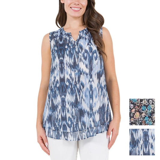 Cristina B Women's Floral Sleeveless Double Layered Hi-low Hem Tunic Blouse