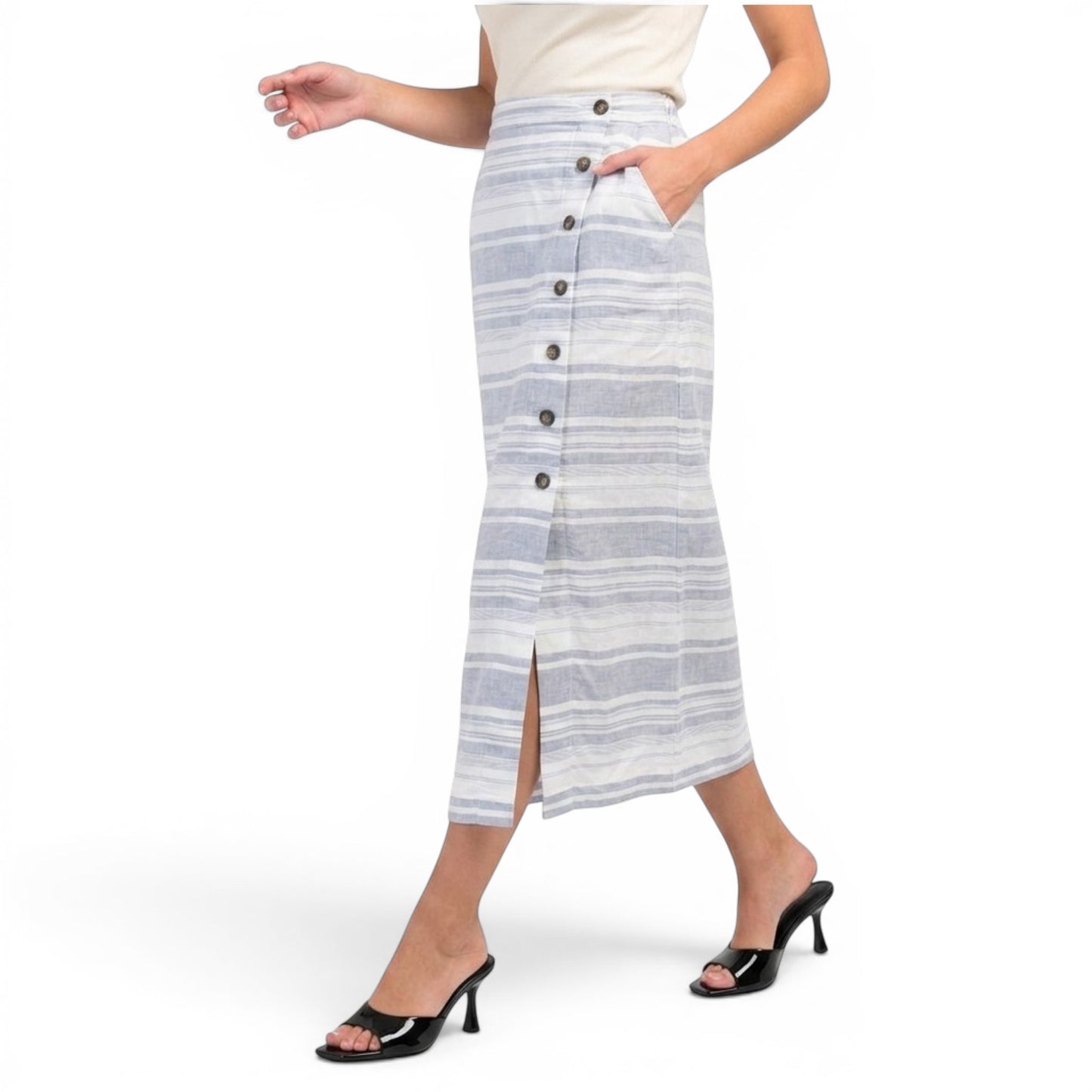 Cynthia Rowley Women's Linen Yarn Dyed Striped Button Front Midi Skirt