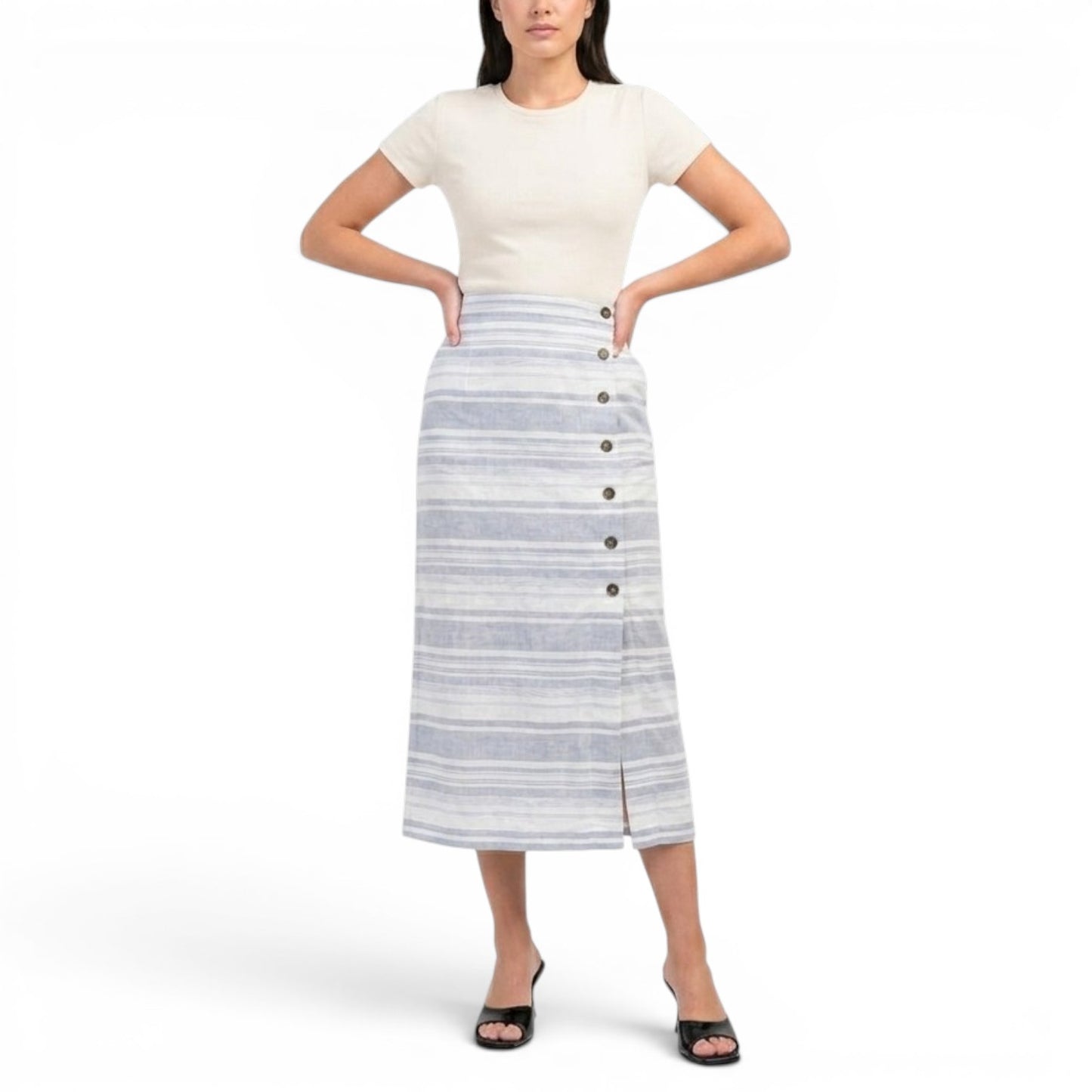 Cynthia Rowley Women's Linen Yarn Dyed Striped Button Front Midi Skirt