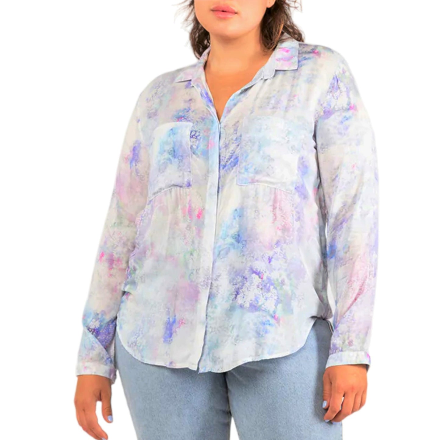 DEX Women's Plus Pastel Print Long Sleeves Button Down Top Shirt