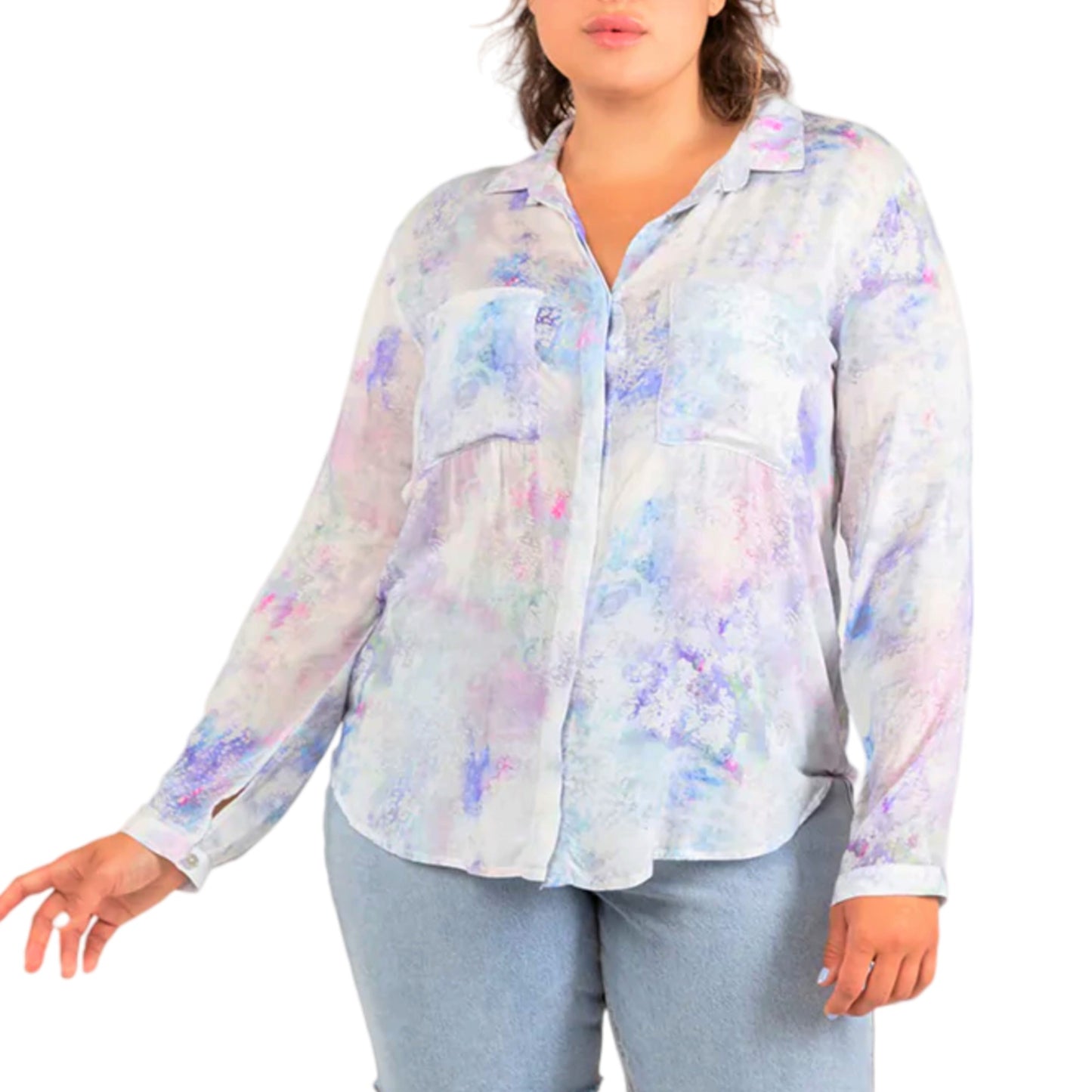 DEX Women's Plus Pastel Print Long Sleeves Button Down Top Shirt