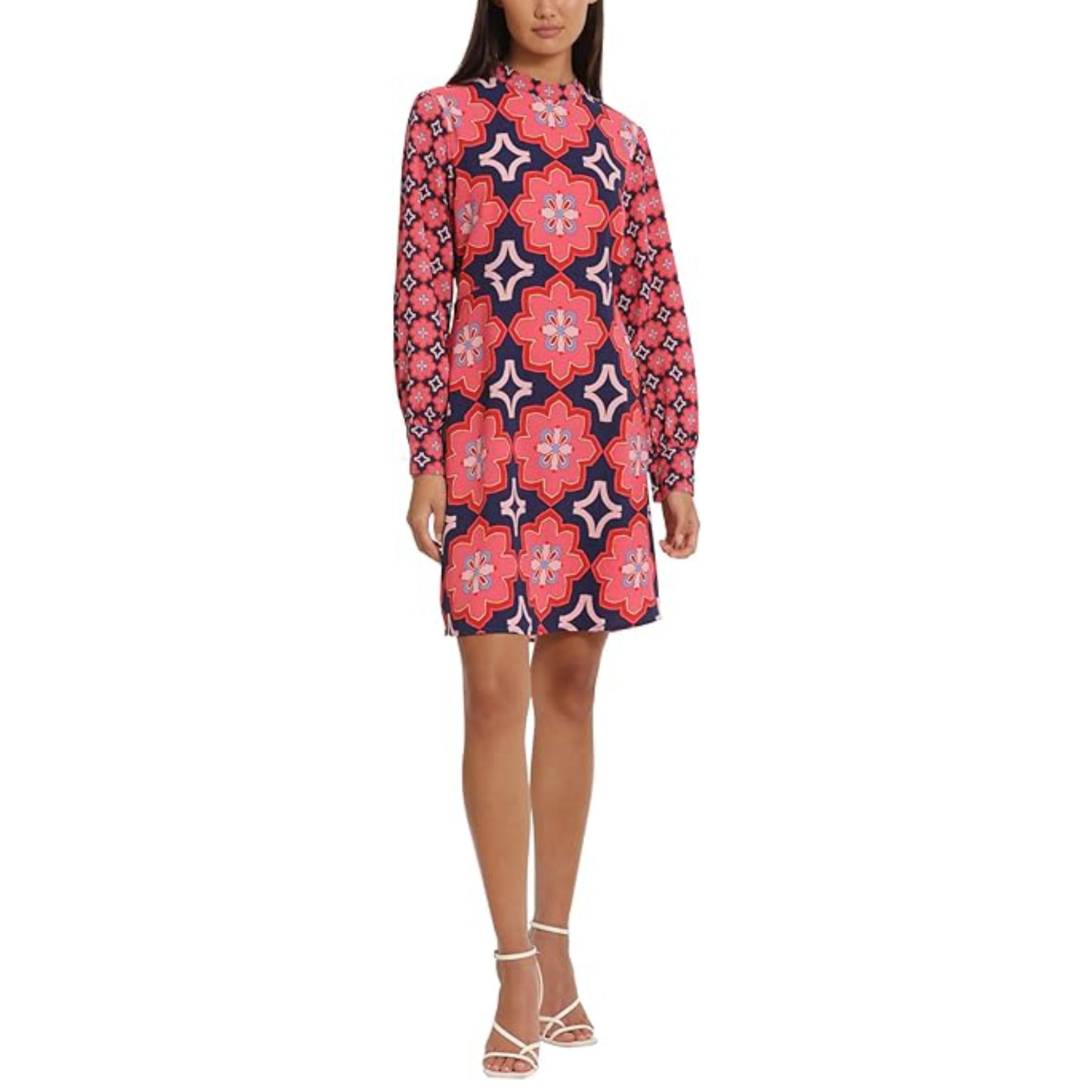 DONNA MORGAN Women's Mock Neck Long Sleeve Floral Print Shift Mini Dress