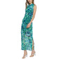 DONNA MORGAN Women's Mesh Overlay Asymmetric Mock Neck Side Slit Maxi Dress