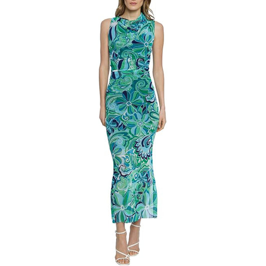 DONNA MORGAN Women's Mesh Overlay Asymmetric Mock Neck Side Slit Maxi Dress
