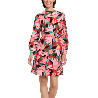 DONNA MORGAN Women's Mock Neck Long Sleeve Floral Print Shift Mini Dress