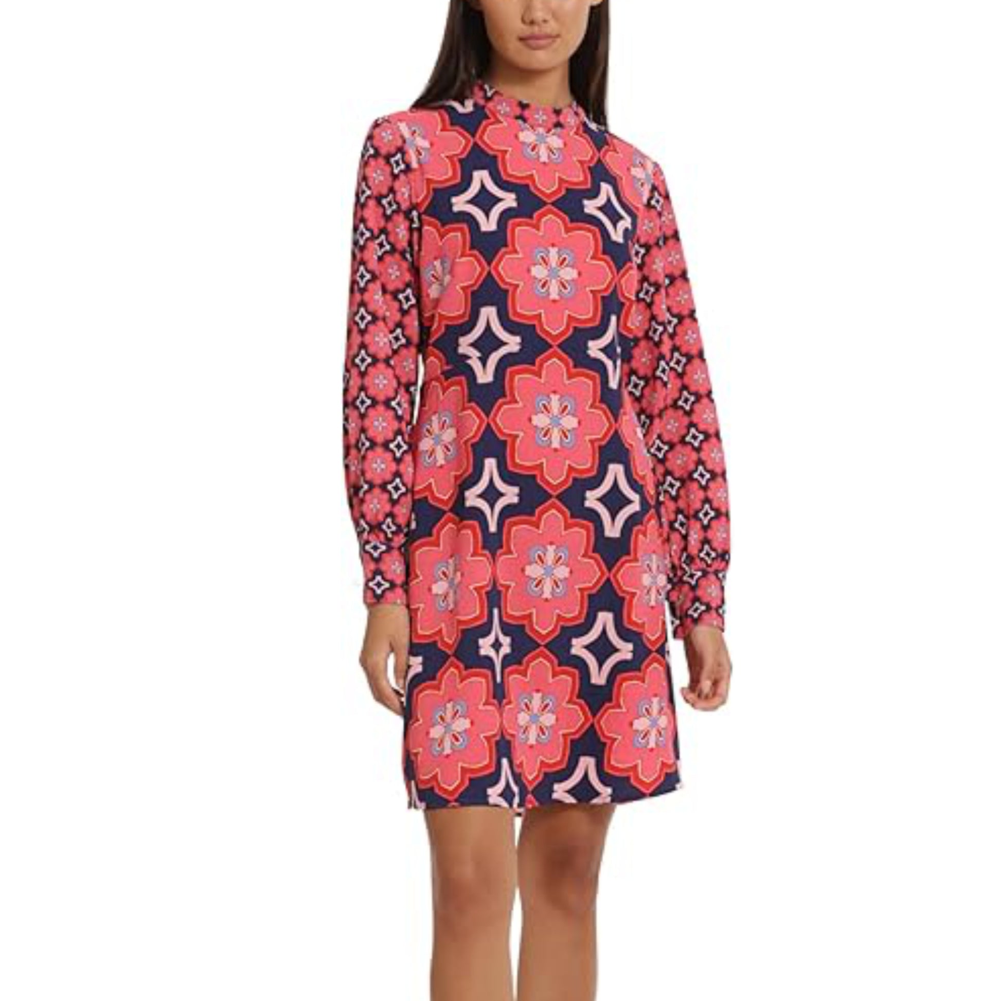 DONNA MORGAN Women's Mock Neck Long Sleeve Floral Print Shift Mini Dress Red / 12 DONNA MORGAN Women's Mock Neck Long Sleeve Floral Print Shift Mini Dress Red / 12