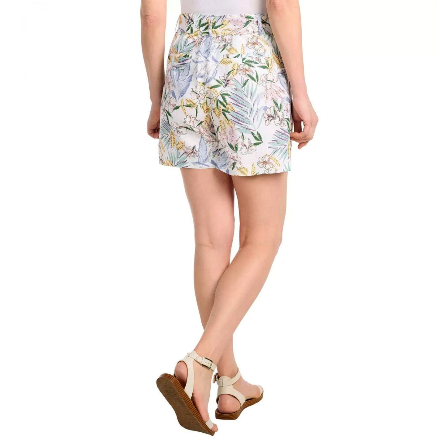 Dalia Women's Tropical Floral Print High Rise Linen Blend Tie Front Shorts