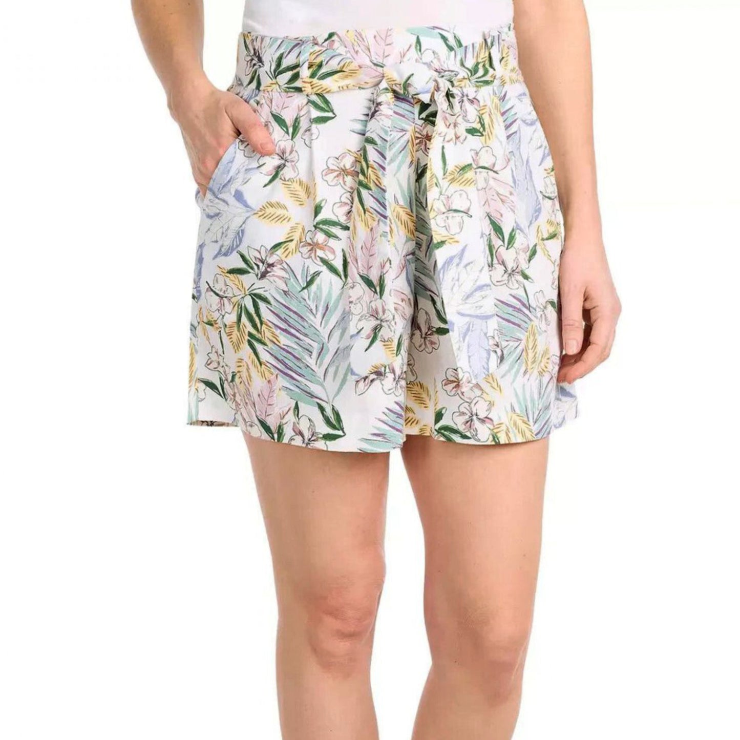 Dalia Women's Tropical Floral Print High Rise Linen Blend Tie Front Shorts