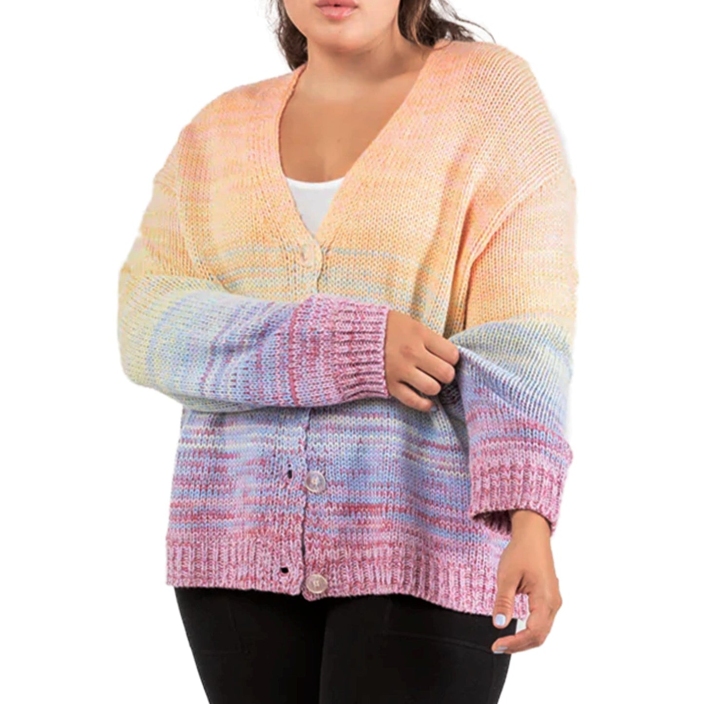 Dex Women's Plus Cozy Knit Rainbow Sweater Front Button Cardigan