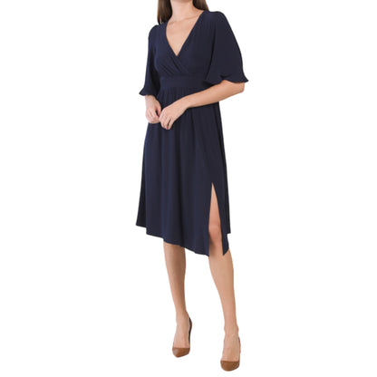 ELIZA J Women's Elbow Sleeve V-Neck Front Slit Asymmetric Party Cocktail Midi Dress