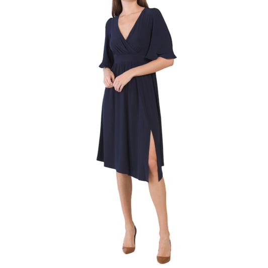 ELIZA J Women's Elbow Sleeve V-Neck Front Slit Asymmetric Party Cocktail Midi Dress