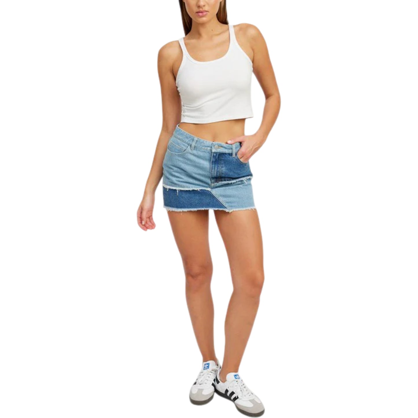 EMORY PARK Women's Patchwork Frayed Trim Denim Mini Skirt