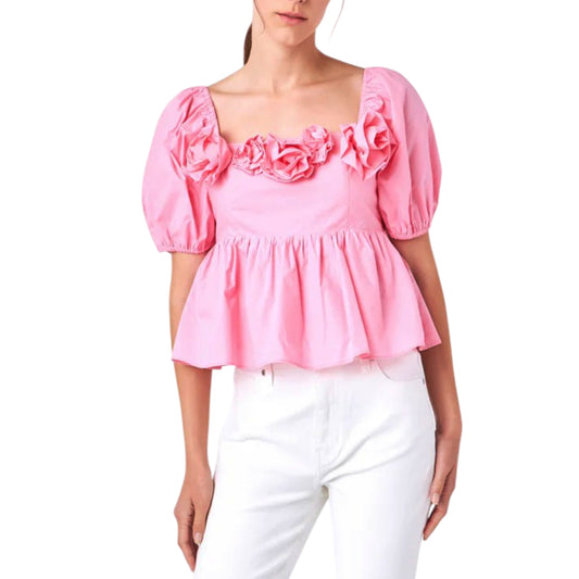 English Factory Women's Rose Applique Square Neck Cotton Ruffle Poplin Top Blouse