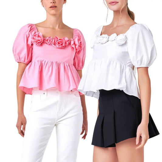 English Factory Women's Rose Applique Square Neck Cotton Ruffle Poplin Top Blouse