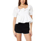 English Factory Women's Rose Applique Square Neck Cotton Ruffle Poplin Top Blouse