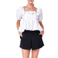 English Factory Women's Rose Applique Square Neck Cotton Ruffle Poplin Top Blouse