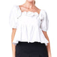 English Factory Women's Rose Applique Square Neck Cotton Ruffle Poplin Top Blouse