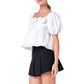 English Factory Women's Rose Applique Square Neck Cotton Ruffle Poplin Top Blouse