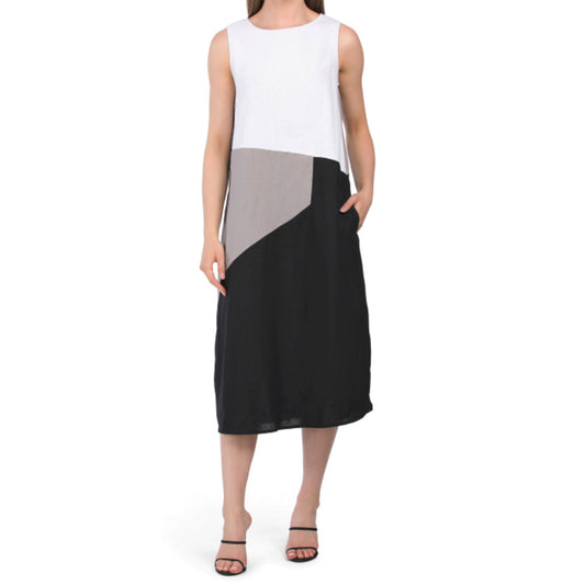 FORCYNTHIA Women's Linen Blend Color Block Sleeveless Midi Dress