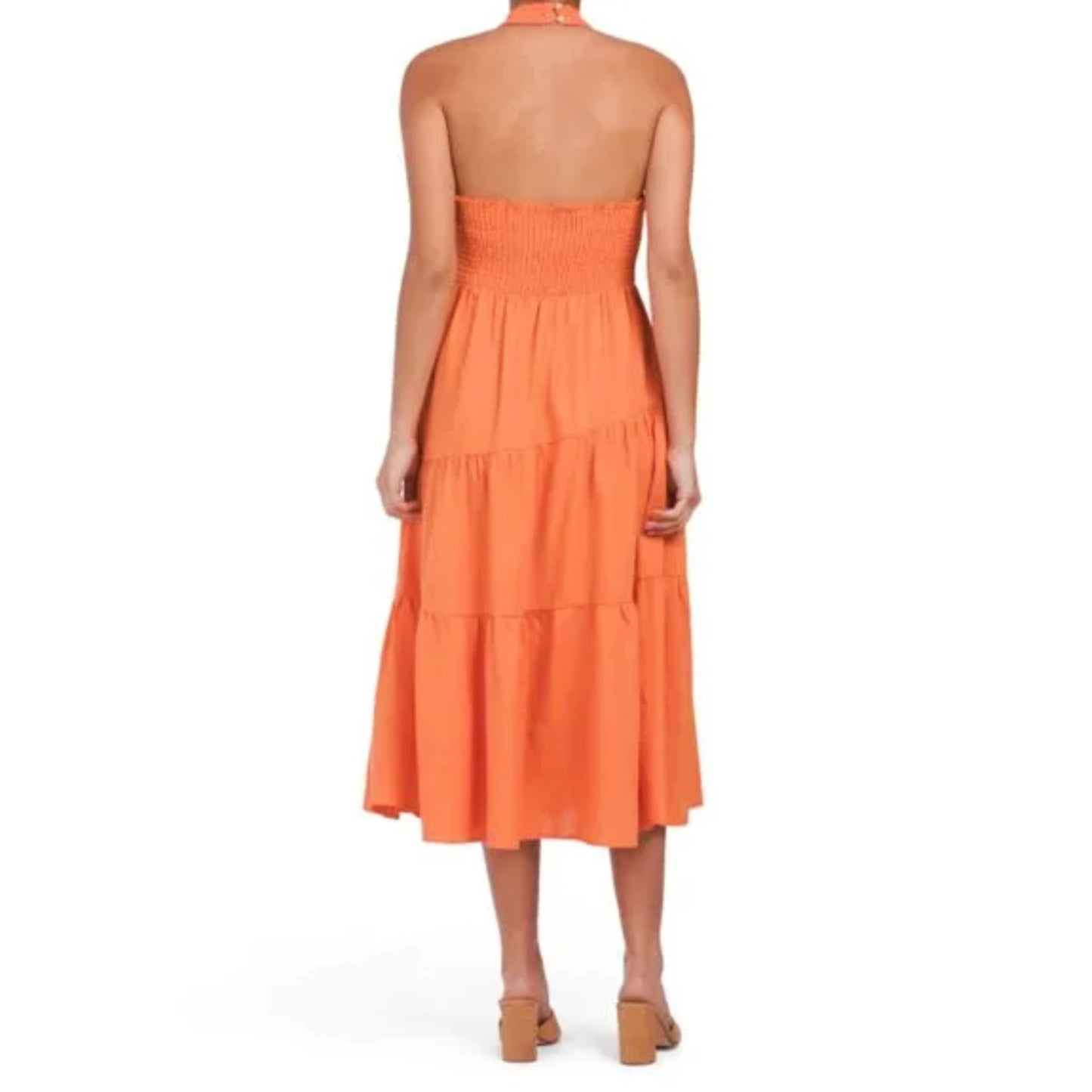 FORCYNTHIA Women's Linen Blend Halter Neck Tiered Midi Dress