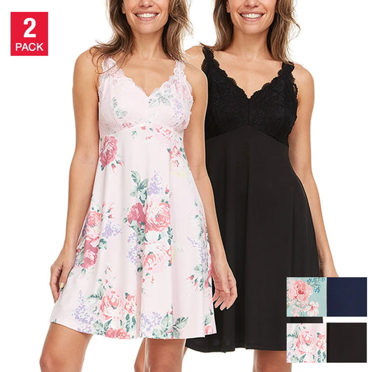 Flora Nikrooz Women's 2-Pack V-Neck Lightweight Soft Lace Trim Chemise