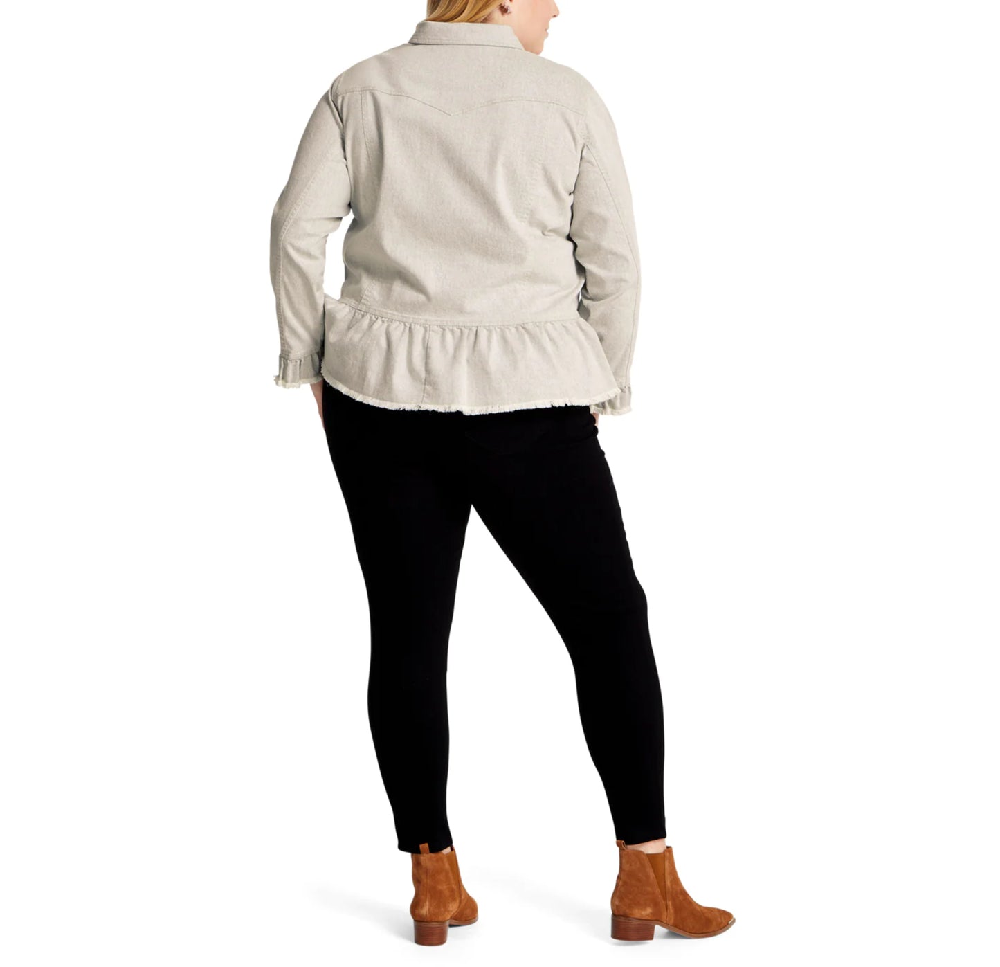 Given Kale Women's Plus Ruffle Trim Stretch Cotton Blend Twill Peplum Shirt Jacket